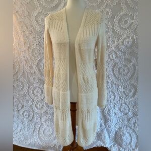 Dex longline textured Cream Open-Front Knit Cardigan Sweater duster